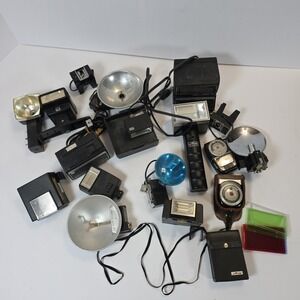 Lot Of Vintage Camera Flashes And Accessories For Parts Or Repair Decor Props